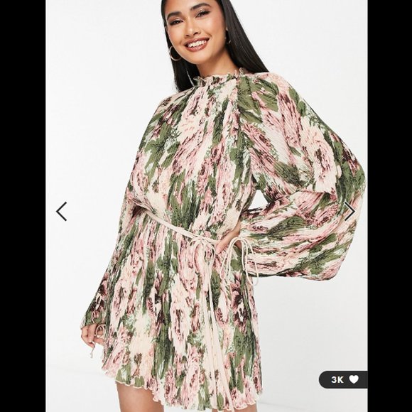 ASOS DESIGN Plisse Mini Dress Floral Printed Blouson Sleeves Romantic M 8 - Picture 2 of 9
